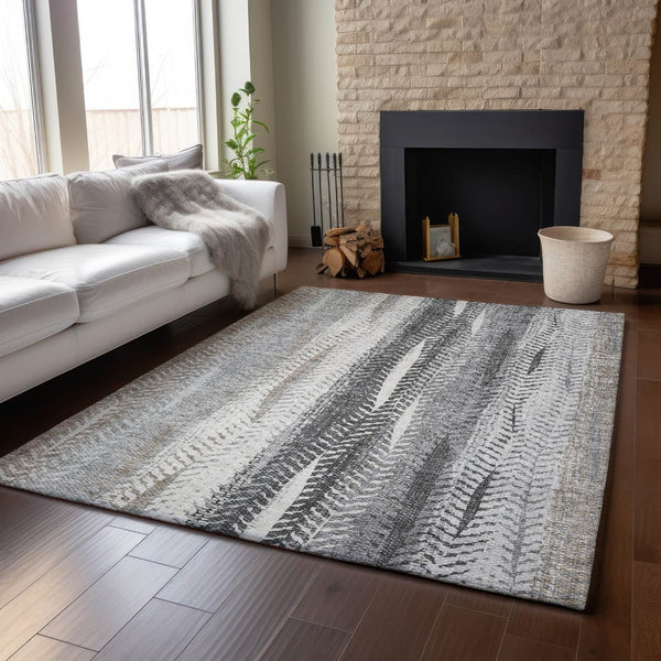 HomeRoots 9' X 12' Striped Washable Area Rug with UV Protection – Durable Khaki, Ivory & Gray for High-Traffic Spaces 656494