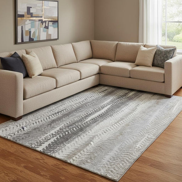 HomeRoots 9' X 12' Striped Washable Area Rug with UV Protection – Durable Khaki, Ivory & Gray for High-Traffic Spaces 656494