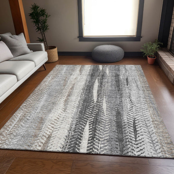HomeRoots 10' Khaki, Ivory & Gray Striped Washable Area Rug – Durable, Stain-Resistant, UV Protected for Homes 656495
