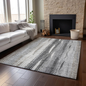 HomeRoots 10' Khaki, Ivory & Gray Striped Washable Area Rug – Durable, Stain-Resistant, UV Protected for Homes 656495
