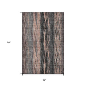 HomeRoots 5' X 8' Modern Terra Cotta & Gray Striped Area Rug – Washable, UV Protected, & Stain Resistant! 656497