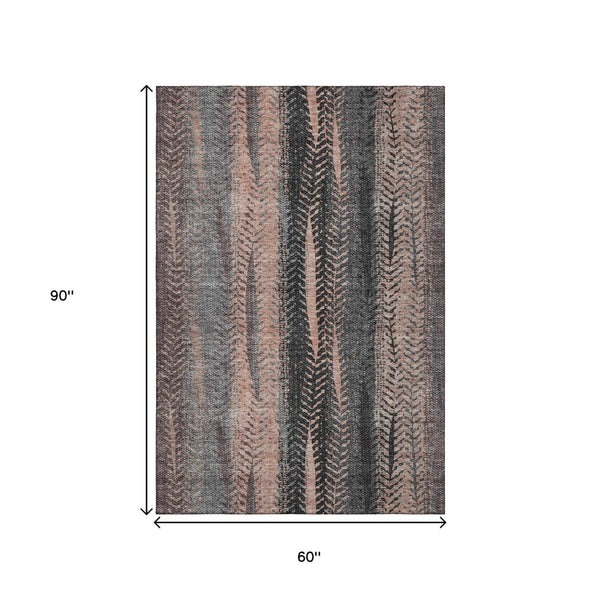 HomeRoots 5' X 8' Modern Terra Cotta & Gray Striped Area Rug – Washable, UV Protected, & Stain Resistant! 656497