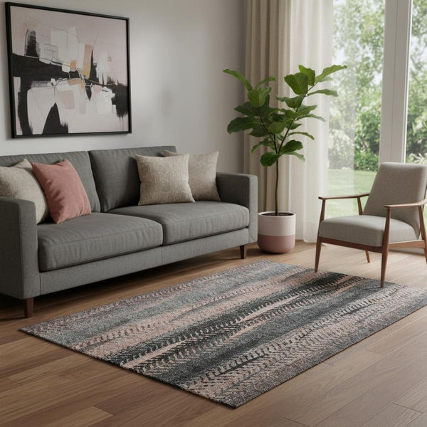 HomeRoots 5' X 8' Modern Terra Cotta & Gray Striped Area Rug – Washable, UV Protected, & Stain Resistant! 656497