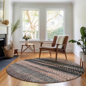 HomeRoots 8' Washable Terra Cotta & Gray Striped Round Rug with UV Protection for Modern & Classic Spaces 656498