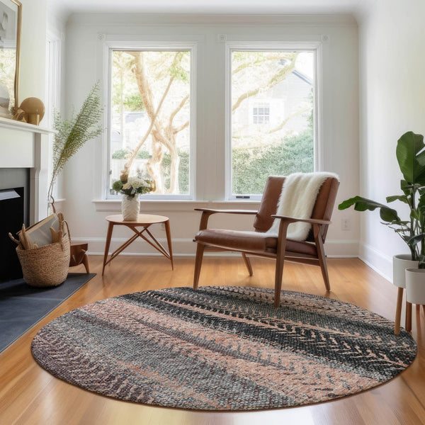 HomeRoots 8' Washable Terra Cotta & Gray Striped Round Rug with UV Protection for Modern & Classic Spaces 656498