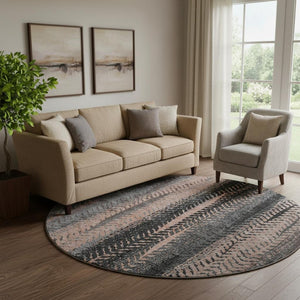 HomeRoots 8' Washable Terra Cotta & Gray Striped Round Rug with UV Protection for Modern & Classic Spaces 656498