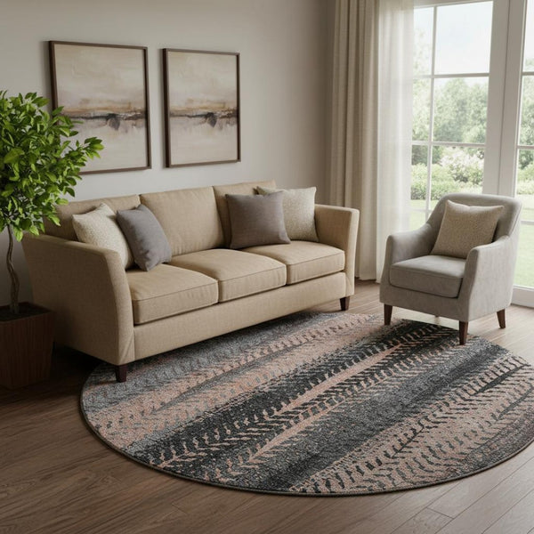 HomeRoots 8' Washable Terra Cotta & Gray Striped Round Rug with UV Protection for Modern & Classic Spaces 656498