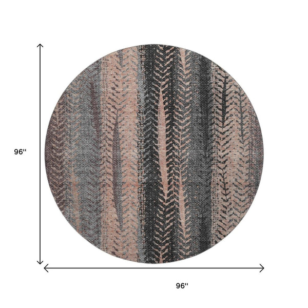 HomeRoots 8' Washable Terra Cotta & Gray Striped Round Rug with UV Protection for Modern & Classic Spaces 656498
