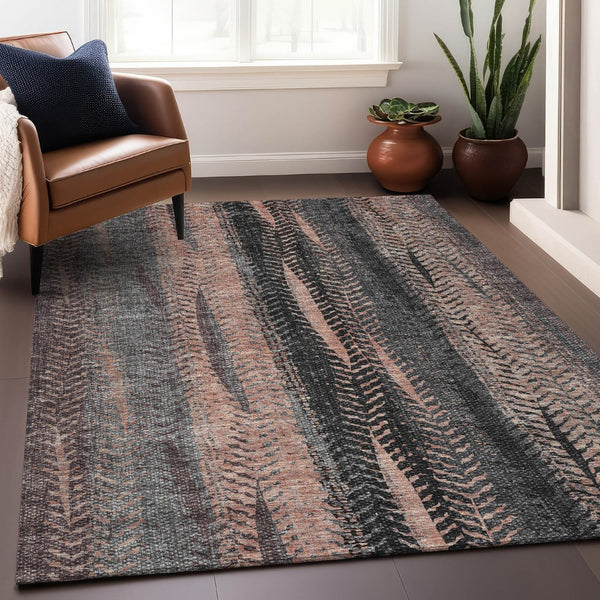 HomeRoots 8' X 10' Terra Cotta & Gray Striped Washable Area Rug - Durable, UV-Protected, Stylish Comfort for Homes 656499