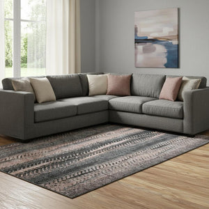 HomeRoots 8' X 10' Terra Cotta & Gray Striped Washable Area Rug - Durable, UV-Protected, Stylish Comfort for Homes 656499