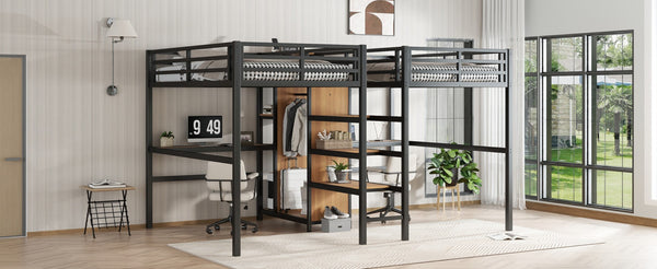 English Elm Twin Over Twin Metal Loft Bed With Double Desk, Wardrobe & Outlets For Ultimate Space Efficiency W1580S00115-GIGA
