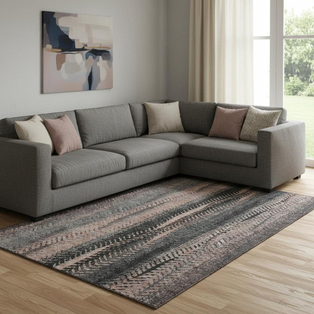 HomeRoots 9' X 12' Terra Cotta & Gray Striped Washable Area Rug with UV Protection for Modern Living Spaces 656500