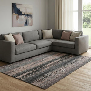 HomeRoots 9' X 12' Terra Cotta & Gray Striped Washable Area Rug with UV Protection for Modern Living Spaces 656500