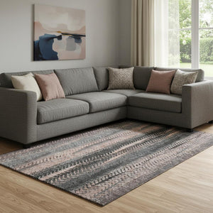 HomeRoots 10' X 14' Washable Area Rug in Terra Cotta & Gray Stripes - UV Protected, Durable & Pet-Friendly Design 656501
