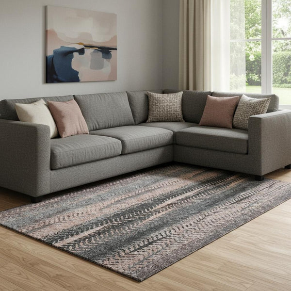HomeRoots 10' X 14' Washable Area Rug in Terra Cotta & Gray Stripes - UV Protected, Durable & Pet-Friendly Design 656501