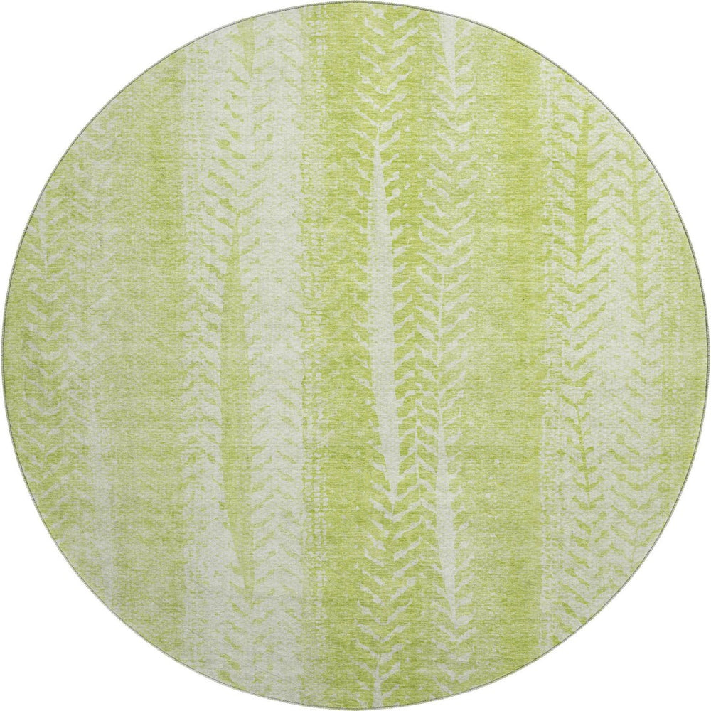 HomeRoots 8' Artichoke Green & Ivory Striped Washable Round Rug – Stain Resistant, UV Protected, Easy Care! 656504