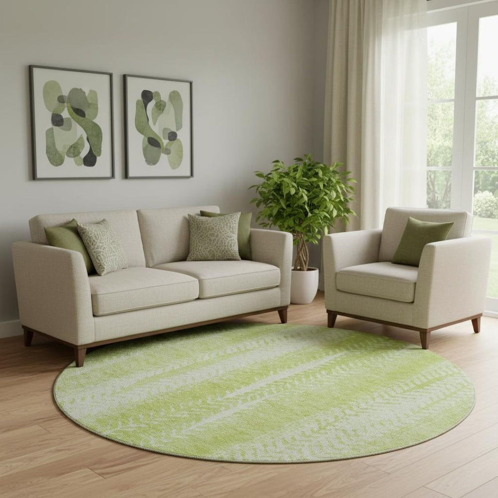 HomeRoots 8' Artichoke Green & Ivory Striped Washable Round Rug – Stain Resistant, UV Protected, Easy Care! 656504