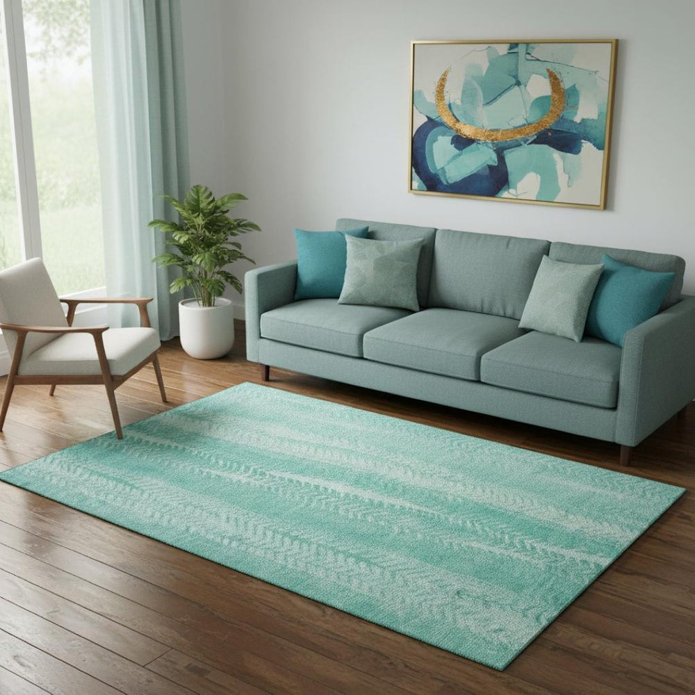 HomeRoots 5' X 8' Aqua and Ivory Striped Area Rug - UV Protected, Washable, Stain Resistant for High Traffic Areas 656509