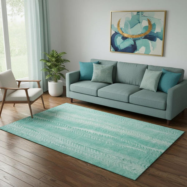 HomeRoots 5' X 8' Aqua and Ivory Striped Area Rug - UV Protected, Washable, Stain Resistant for High Traffic Areas 656509