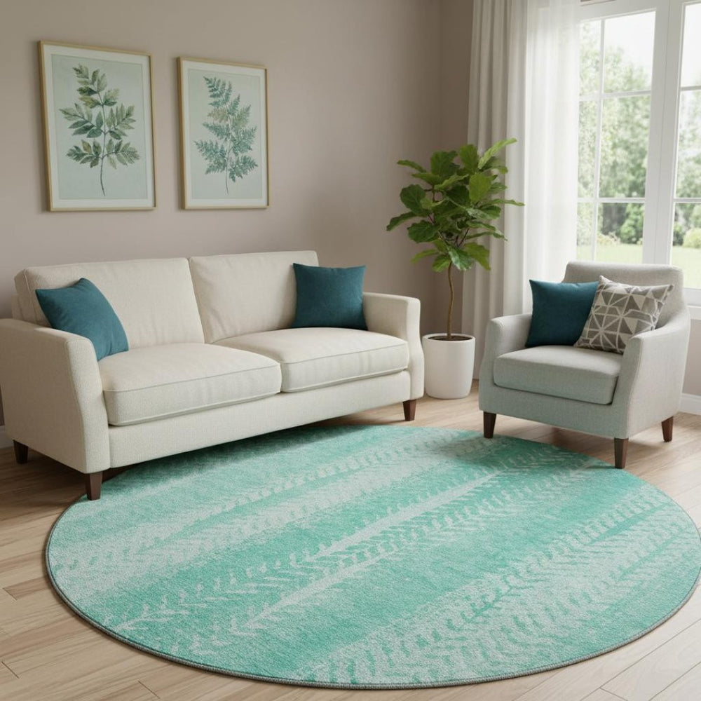 HomeRoots 8' Aqua and Ivory Striped Round Rug - Washable, UV Protected, Durable for High Traffic Areas & Pets 656510