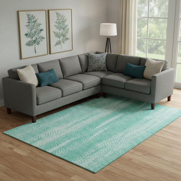 HomeRoots 10' Aqua and Ivory Striped Area Rug - Washable, UV Protected, Stain-Resistant for Easy Care & Style 656513