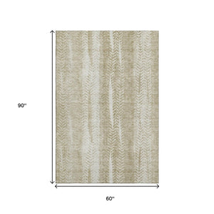 HomeRoots 5' X 8' Beige and Ivory Striped Area Rug - Washable, UV-Protected, Stain-Resistant for Active Homes 656515