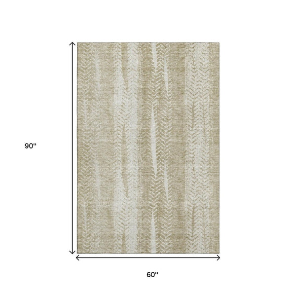 HomeRoots 5' X 8' Beige and Ivory Striped Area Rug - Washable, UV-Protected, Stain-Resistant for Active Homes 656515