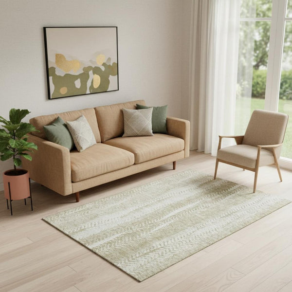 HomeRoots 5' X 8' Beige and Ivory Striped Area Rug - Washable, UV-Protected, Stain-Resistant for Active Homes 656515