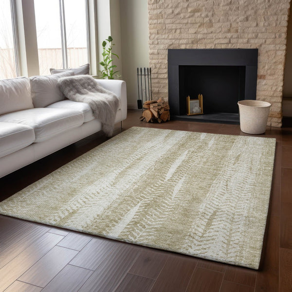HomeRoots 5' X 8' Beige and Ivory Striped Area Rug - Washable, UV-Protected, Stain-Resistant for Active Homes 656515