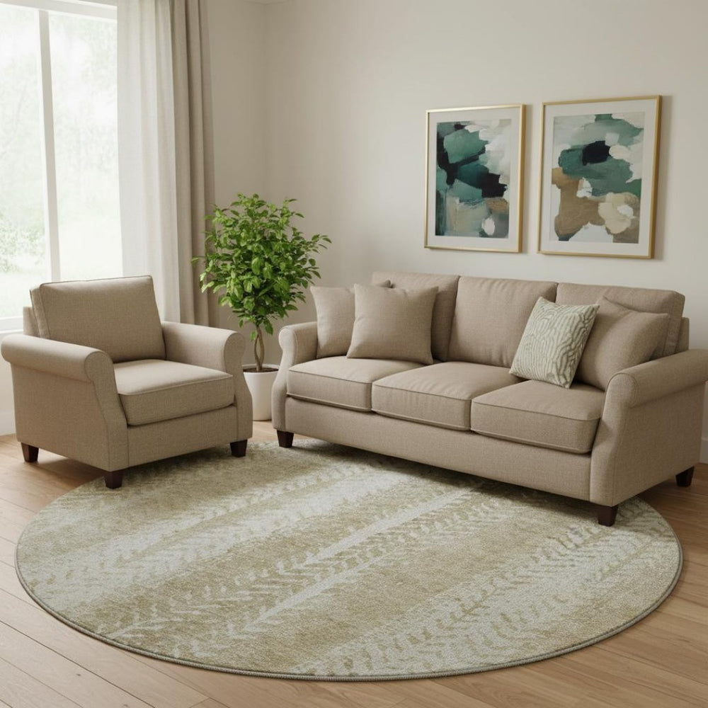 HomeRoots 8' Beige and Ivory Striped Washable Round Rug with UV Protection – Stylish, Durable, and Easy Care! 656516