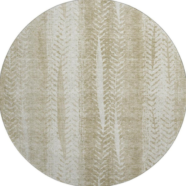 HomeRoots 8' Beige and Ivory Striped Washable Round Rug with UV Protection – Stylish, Durable, and Easy Care! 656516