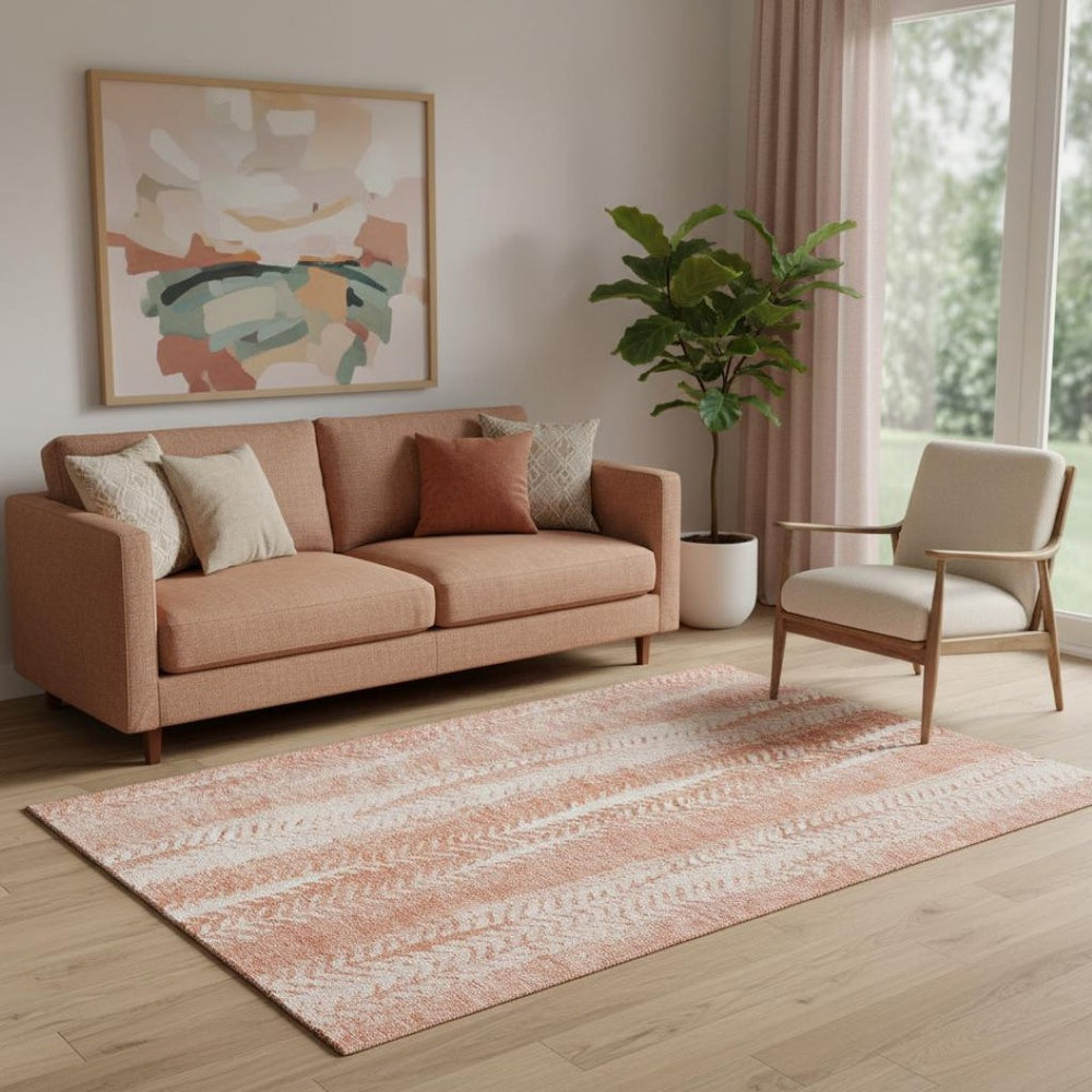 HomeRoots 5' X 8' Coral & Ivory Striped Washable Area Rug - UV Protected, Soft, Durable for Busy Homes 656521