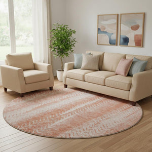 HomeRoots 8' Coral and Ivory Striped Washable Round Rug - Durable, Stain-Resistant with UV Protection for Homes 656522