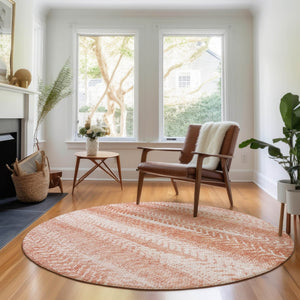HomeRoots 8' Coral and Ivory Striped Washable Round Rug - Durable, Stain-Resistant with UV Protection for Homes 656522