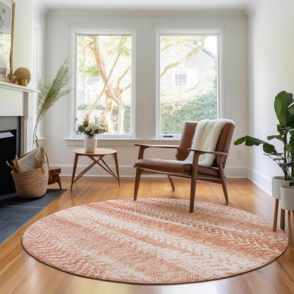 HomeRoots 8' Coral and Ivory Striped Washable Round Rug - Durable, Stain-Resistant with UV Protection for Homes 656522