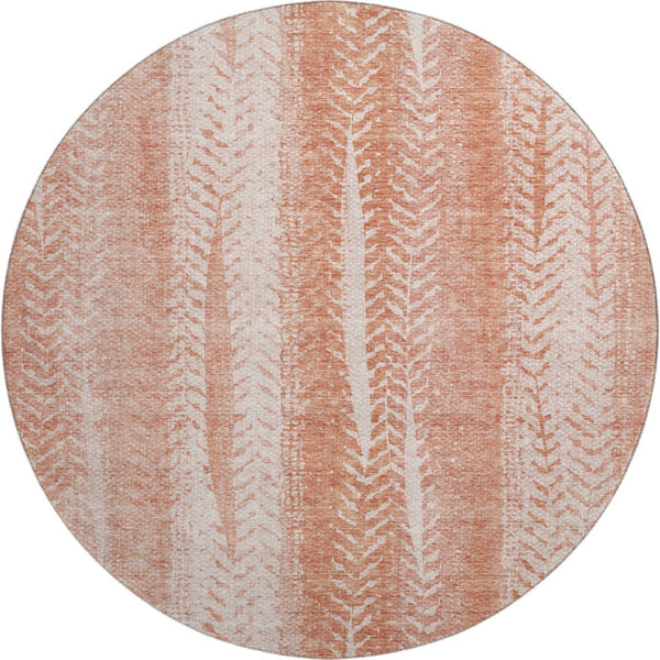 HomeRoots 8' Coral and Ivory Striped Washable Round Rug - Durable, Stain-Resistant with UV Protection for Homes 656522