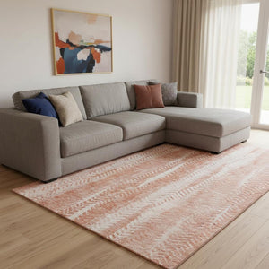 HomeRoots 9' X 12' Coral and Ivory Striped Area Rug - Washable, UV Protected, Perfect for Bright Homes! 656524