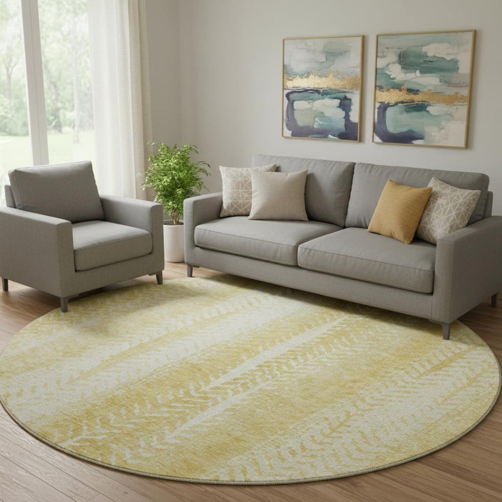 HomeRoots 8' Gold And Ivory Striped Washable Round Rug - Durable, UV-Resistant, Perfect for Family Spaces! 656528
