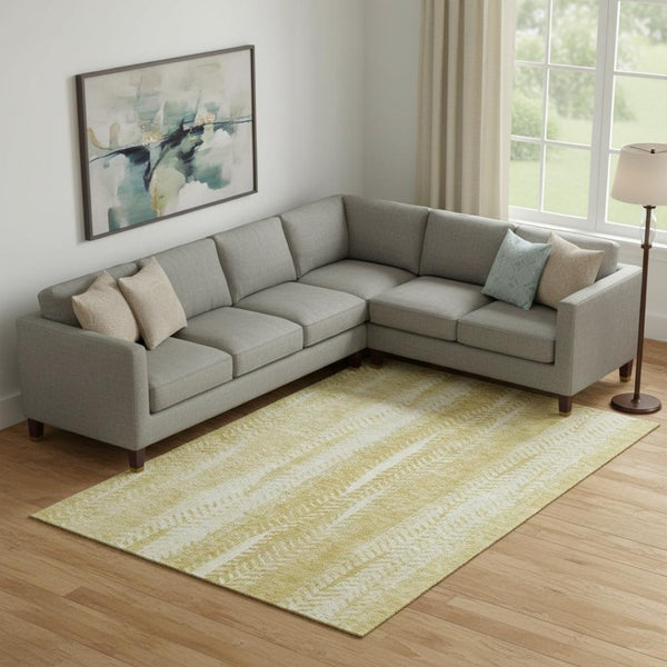 HomeRoots 9' X 12' Gold and Ivory Striped Washable Area Rug - Durable, Stain-Resistant with UV Protection! 656530