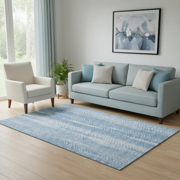 HomeRoots 5' X 8' Coastal Sky Blue and Ivory Striped Washable Area Rug with UV Protection for High-Traffic Use 656533