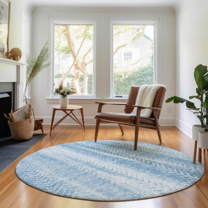 HomeRoots 8' Sky Blue and Ivory Striped Washable Round Rug - UV Protected, Durable, Stylish for Indoor & Outdoor Use 656534