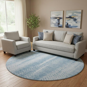 HomeRoots 8' Sky Blue and Ivory Striped Washable Round Rug - UV Protected, Durable, Stylish for Indoor & Outdoor Use 656534