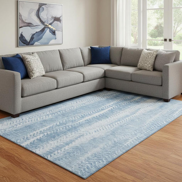 HomeRoots 9' X 12' Washable Sky Blue & Ivory Striped Area Rug with UV Protection for High-Traffic Spaces 656536