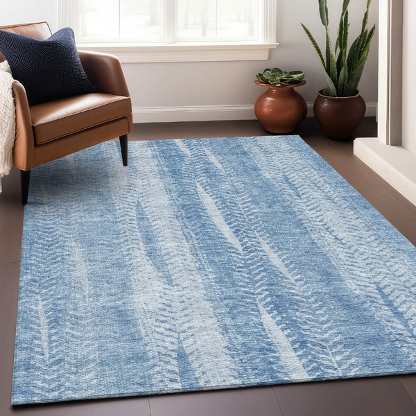 HomeRoots 10' X 14' Sky Blue & Ivory Striped Washable Area Rug with UV Protection for Homes with Kids & Pets 656537