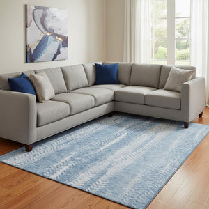 HomeRoots 10' X 14' Sky Blue & Ivory Striped Washable Area Rug with UV Protection for Homes with Kids & Pets 656537
