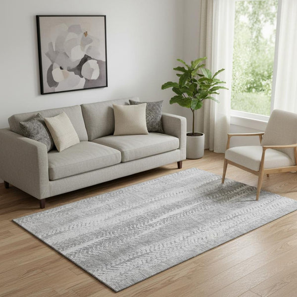HomeRoots 5' X 8' Stylish Silver and Gray Striped Washable Area Rug with UV Protection for Family Homes 656539