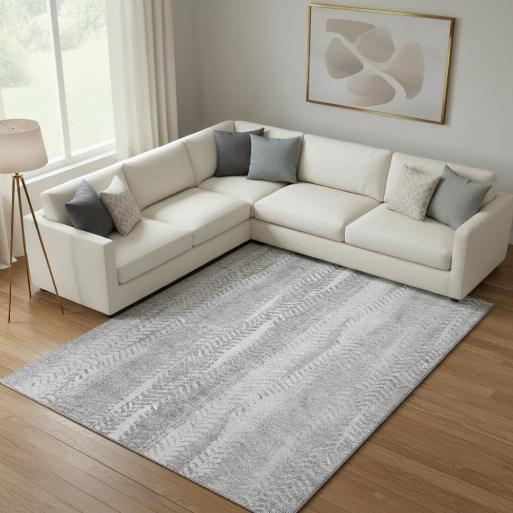 HomeRoots 9' X 12' Silver and Gray Striped Washable Area Rug – UV Protection, Stain Resistant, Modern Elegance 656542