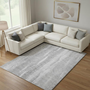 HomeRoots 9' X 12' Silver and Gray Striped Washable Area Rug – UV Protection, Stain Resistant, Modern Elegance 656542