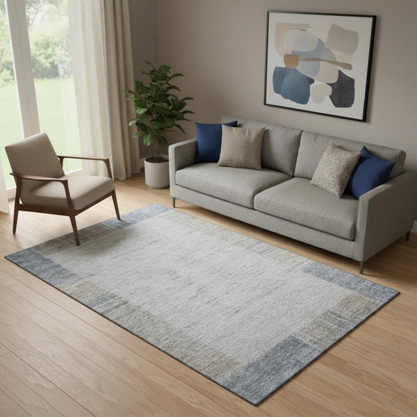 HomeRoots 5' X 8' Taupe and Blue Geometric Area Rug - Washable, UV Protected, Perfect for High-Traffic Spaces! 656545