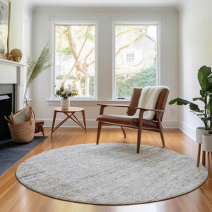 HomeRoots 8' Taupe and Blue Geometric Round Rug - Washable, UV-Protected, Perfect for High-Traffic Areas! 656546